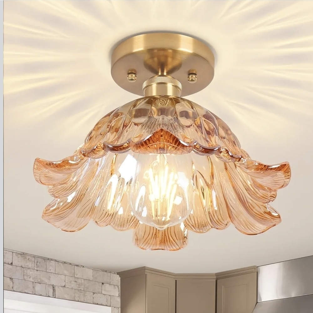 Amber Glass Floral Semi-Flush Ceiling Light